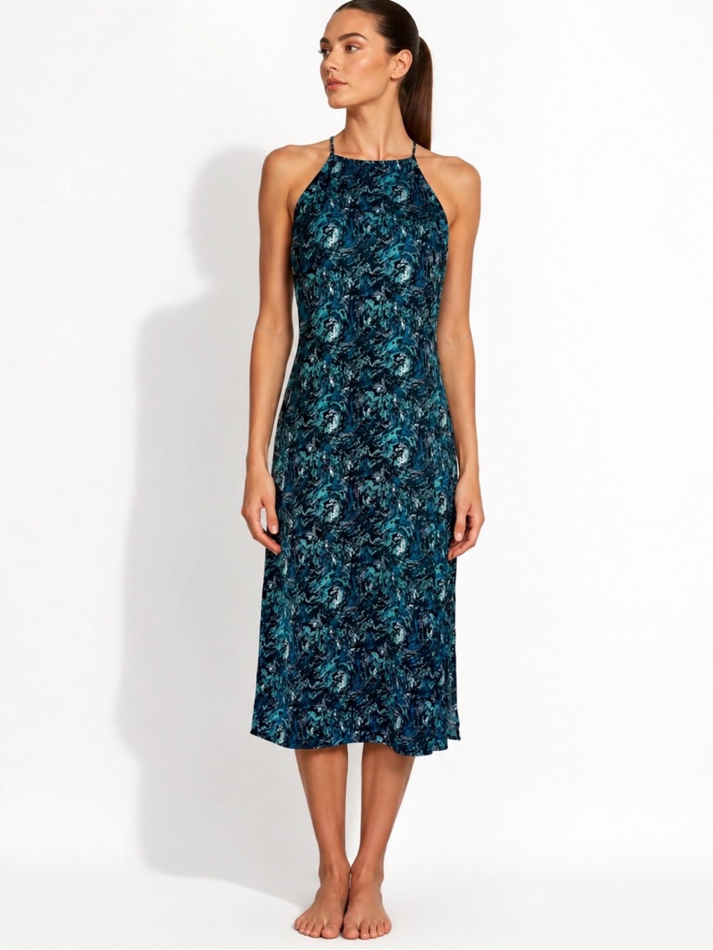 Halogen Y2K Green and Blue Marble Satin Halter Midi Length Slip Dress Size Small